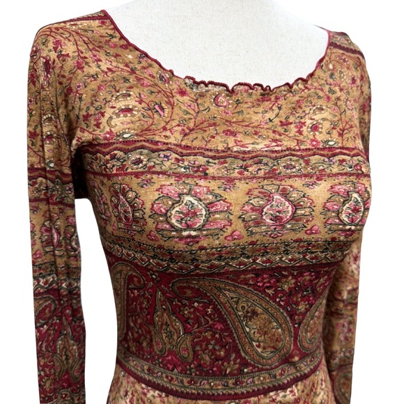 2000s Y2K Trixxi Womens Paisley Mesh Top Burgundy Gold Tiered Bell Sleeve Boho M - Picture 4 of 5